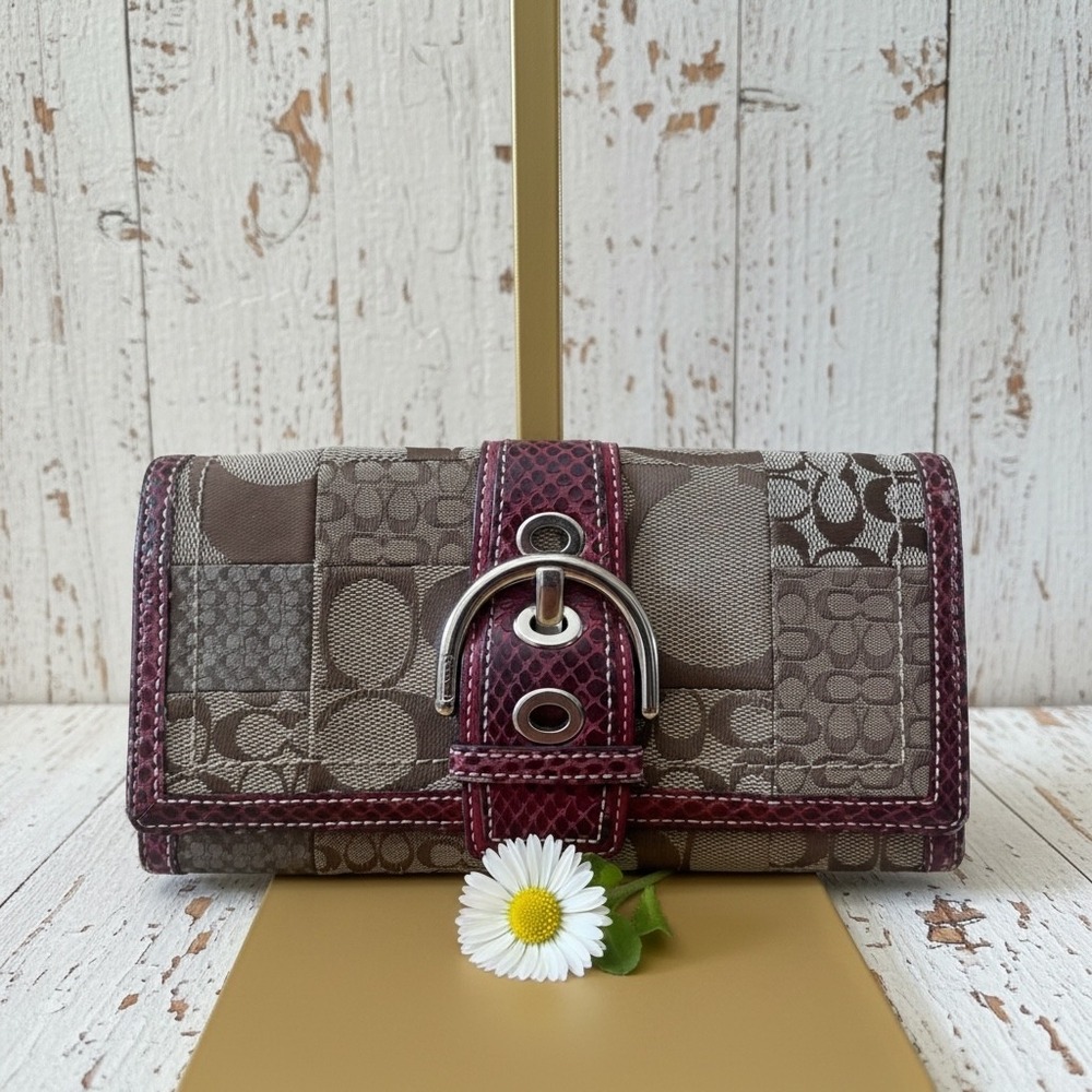 Coach Patchwork Signature Wallet Python Trim‎ Burgundy Leather Clutch